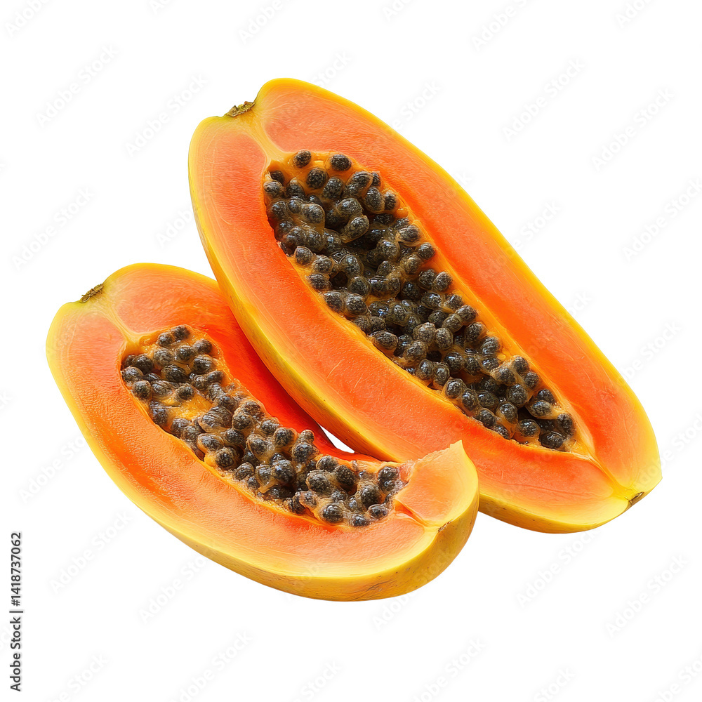 Sliced papaya showing vibrant orange flesh and black seeds isolated on Transparent background, of papaya isolated on PNG background Sliced papaya showing vibrant orange flesh and black seeds isolated on Transparent background, of papaya isolated on PNG background