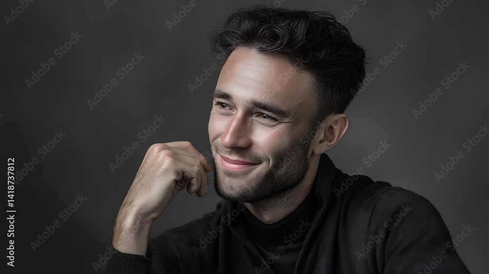 Black and white angled portrait of a clean-shaven man with clear skin, happy mood, dark background with studio lighting, space for overlay text, Ultra-Realistic, Photo Realistic, highly detailed, Black and white angled portrait of a clean-shaven man with clear skin, happy mood, dark background with studio lighting, space for overlay text, Ultra-Realistic, Photo Realistic, highly detailed,