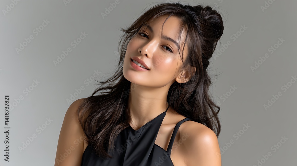 Fototapeta premium Beautiful Asian female model with smooth flawless skin and elegant features, tied-up hairstyle, youthful and confident look, advertising skincare, posing on one side of image, neutral soft background 