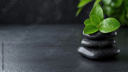 Zen stones and fresh leaves on dark surface