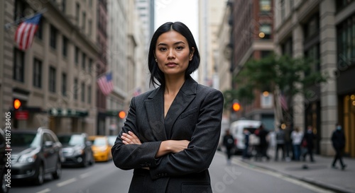 Confident businesswoman posing in urban street scene  