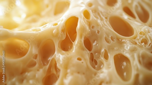 Close-up shot of swiss cheese texture, with many holes and yellow light. It can be used for food or cooking related design content.
