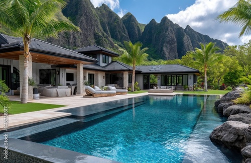 Wallpaper Mural a beautiful pool in front of the house with mountains and palm trees in background, hawaii style home architecture Torontodigital.ca