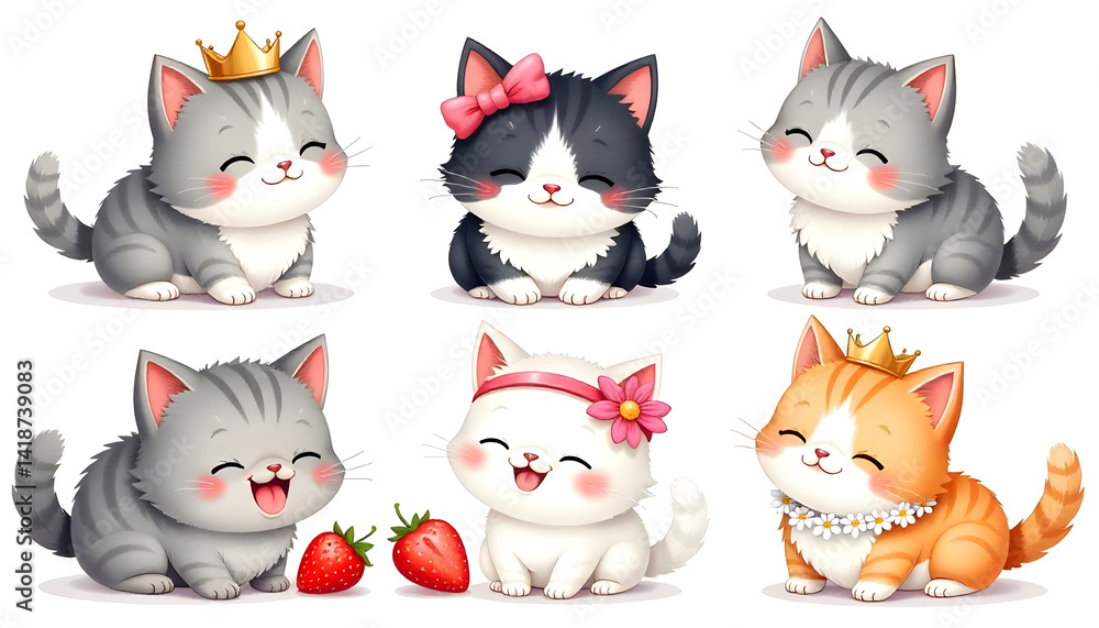 Fototapeta premium Six cute cartoon kittens in a charming illustration with different accessories, posing happily.