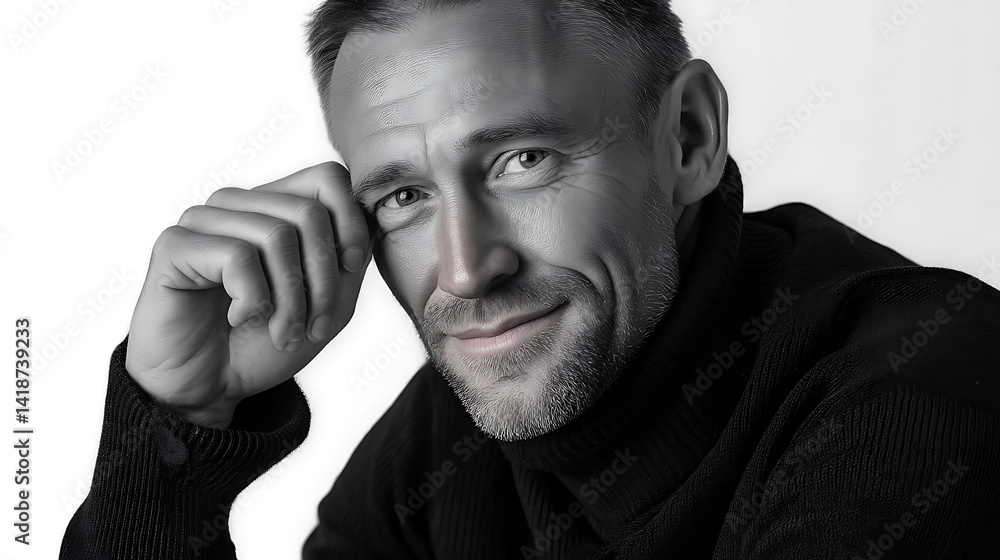 Smiling man with clean and smooth face, wrinkle-free, high-contrast black and white, angled position, white background with soft lighting, editorial concept, Ultra-Realistic, Photo Realistic, Smiling man with clean and smooth face, wrinkle-free, high-contrast black and white, angled position, white background with soft lighting, editorial concept, Ultra-Realistic, Photo Realistic,