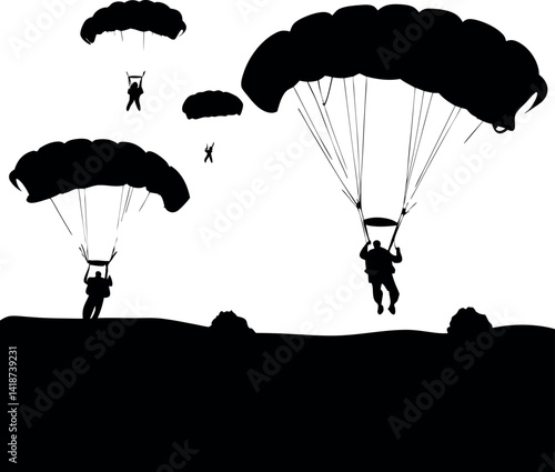 Black Silhouettes Of Skydivers With Parachutes Against A White Isolated Background
