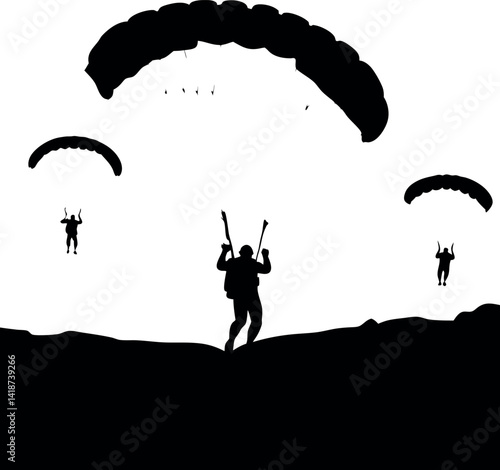Black Silhouettes of Skydivers with Parachutes Over Terrain on White Backdrop