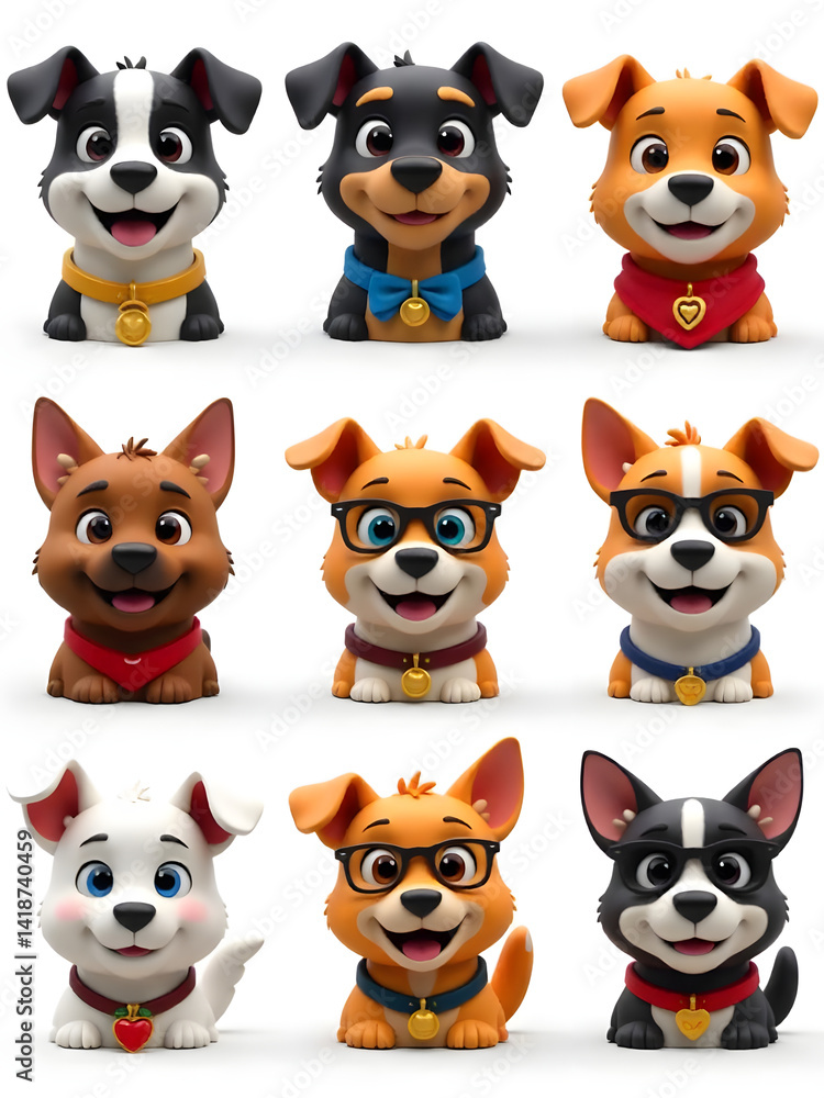 A charming display of cartoon puppies in various colors and styles, smiling and looking adorable. A charming display of cartoon puppies in various colors and styles, smiling and looking adorable.