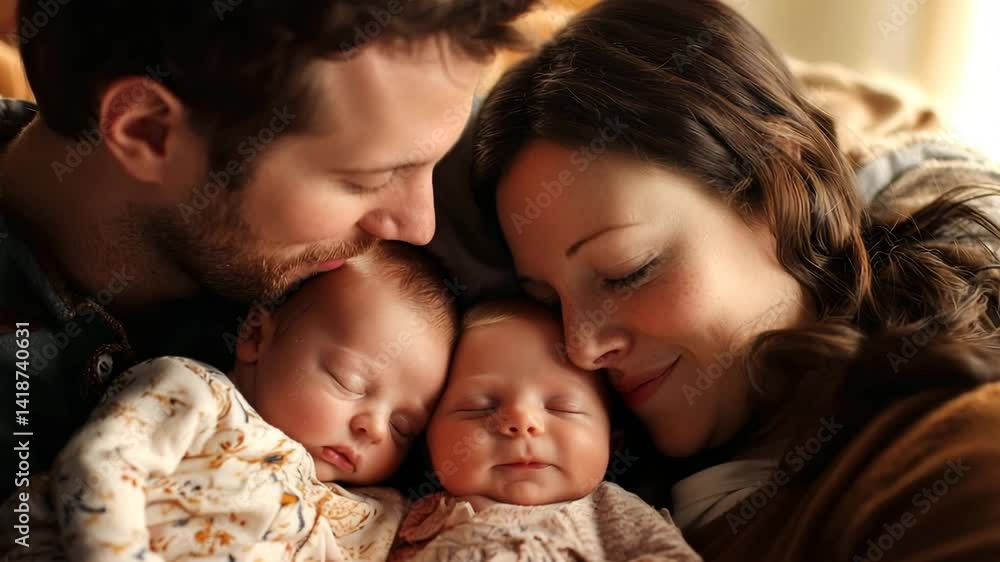 Two newborns with their parents are lying together, comfort and love Two newborns with their parents are lying together, comfort and love