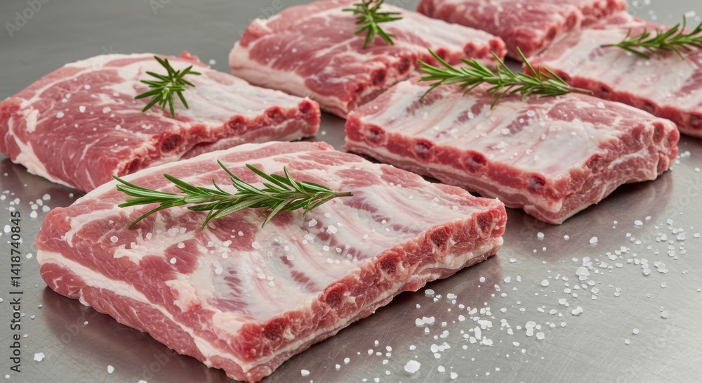 Hygienic display of raw pork ribs with fresh rosemary and coarse salt Hygienic display of raw pork ribs with fresh rosemary and coarse salt