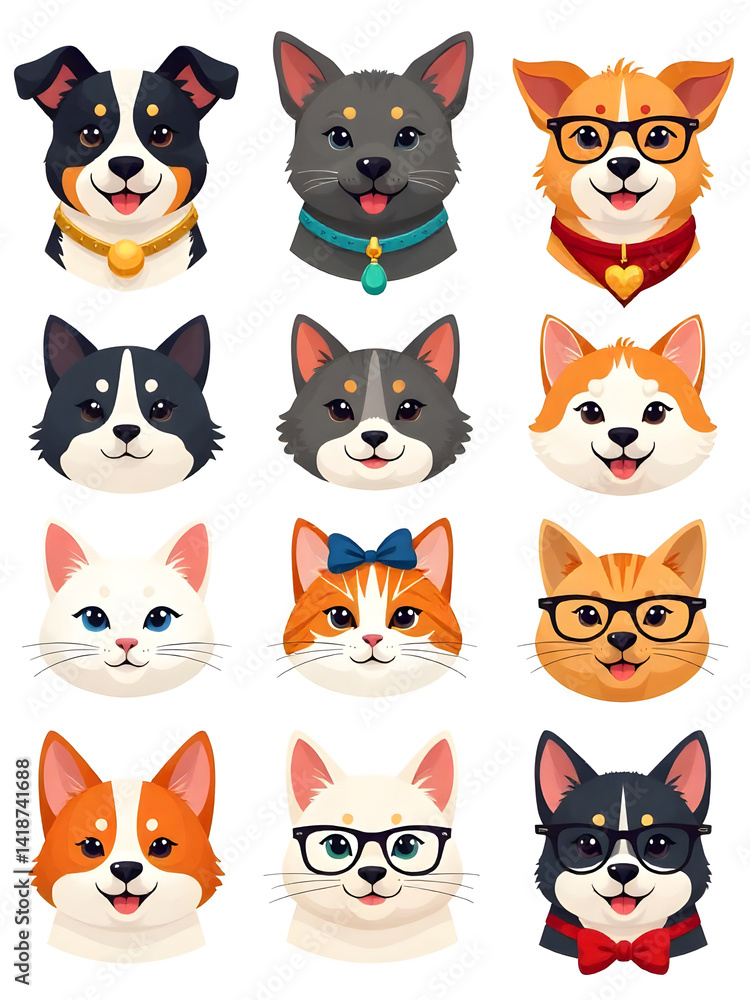 A delightful illustration showcases various dogs and cats with charming expressions and accessories, perfect. A delightful illustration showcases various dogs and cats with charming expressions and accessories, perfect.