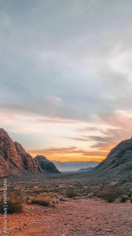 Naklejka premium Sunset over desert valley, rocky mountains.