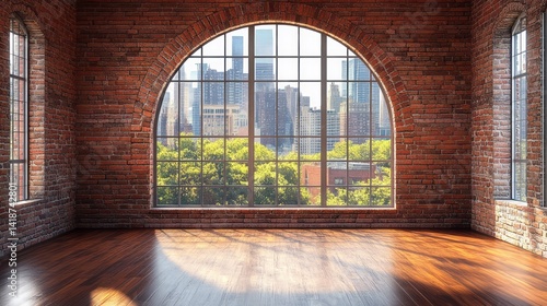 Empty brick loft features arched window view of city
