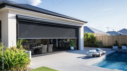 Smart home with stylish outdoor roller blinds, clean facade and tech-integrated design in a sleek suburban setting