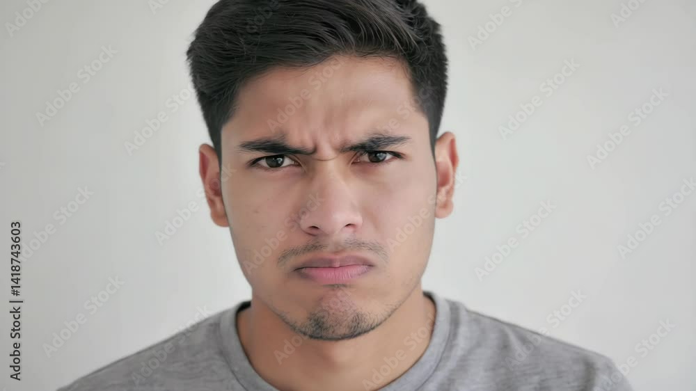 Close-up of a young man with furrowed brows, looking concerned and confused in a plain setting with a gray shirt and serious expression. Close-up of a young man with furrowed brows, looking concerned and confused in a plain setting with a gray shirt and serious expression.