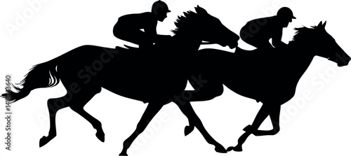 Dynamic Black Silhouette of Three Horses with Jockeys Running on White Background