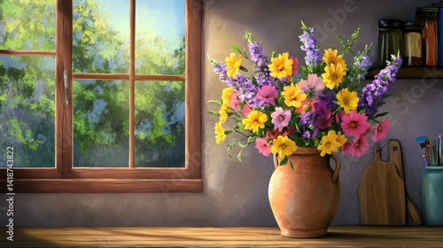 Wallpaper Mural Sunlit window, colorful flowers, rustic vase, wooden table. Torontodigital.ca