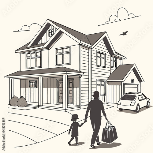 Family Arriving Home at a Modern Suburban House
