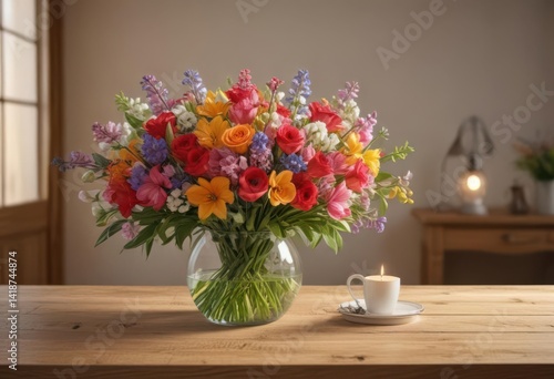 Wallpaper Mural Vibrant spring bouquet, wooden table setting, soft lamp glow , warm, rustic Torontodigital.ca