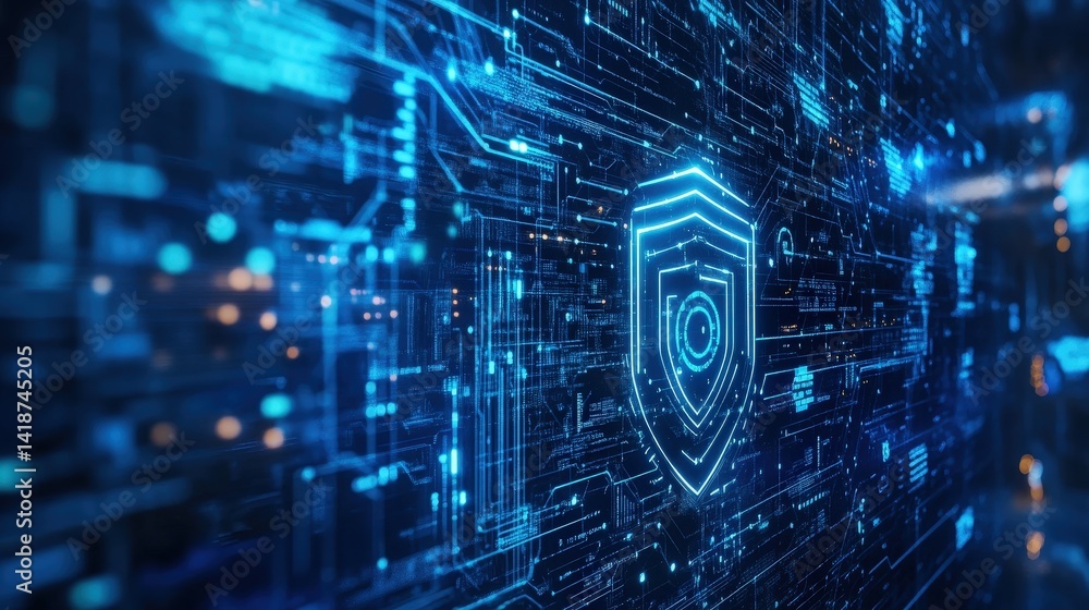 A blue-toned cyber security environment showcasing a futuristic shield, biometric access verification, and encrypted locks to symbolize data protection A blue-toned cyber security environment showcasing a futuristic shield, biometric access verification, and encrypted locks to symbolize data protection