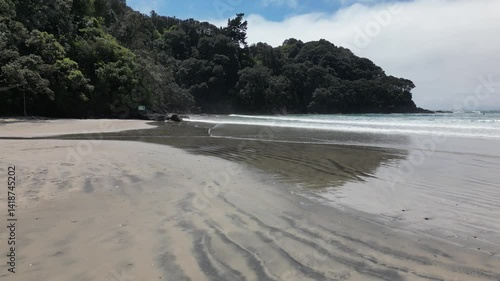 Calm Coastal Shoreline and Forest, Waihi Beach, Bay of Plenty New Zealand, Drone View