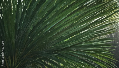 Deep emerald green palm leaf, sunlight highlights  ,  detail,  vein,  jungle