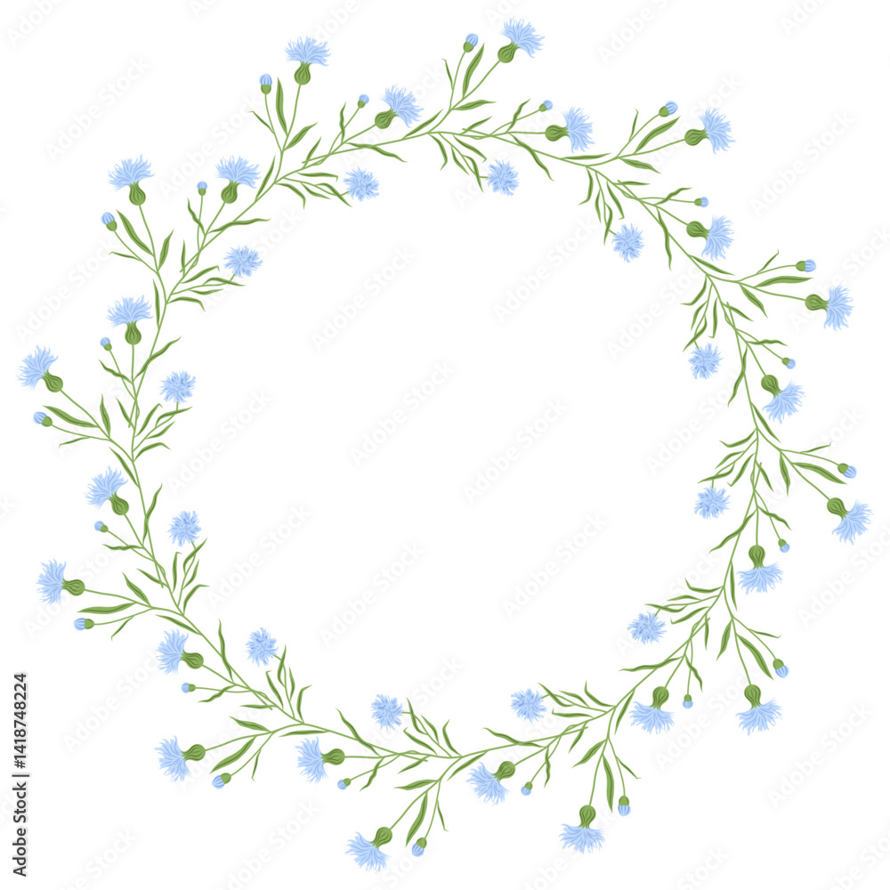Fototapeta premium Floral Frame, Cornflowers Wreath, Circle frame, wildflowers. Vector Illustrations. Spring, Summer time. Mothers Day