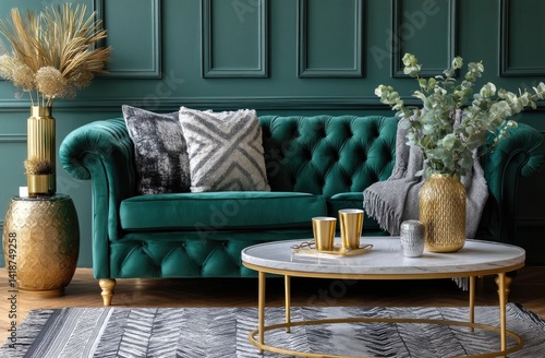 Dark green velvet sofa and gold decorations in the modern interior design of a dark living room with an emerald wall, coffee table, and decorative elements.