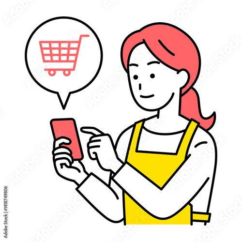 スマートフォンでネットショッピングをするエプロン姿の女性