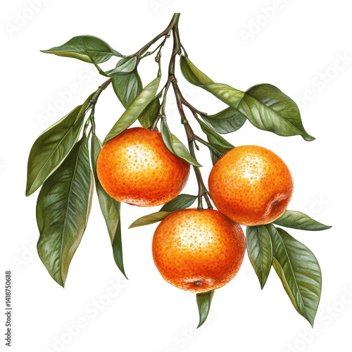 Fresh mandarins with green leaves on a Transparent background showcasing botanical illustration, Mandarins Isolated on PNG background Old Botanical realistic, PNG background