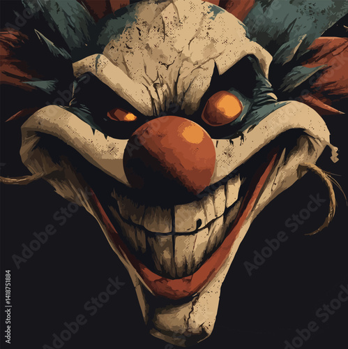 An angry clown grinning with an evil, unsettling smile.  Adobe illustration artwork