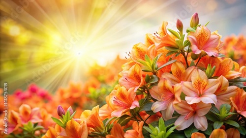 Blooming Encore Azalea flowers in a burst of colors against a white background , sunburst, orange,  sunburst, orange, pink, bloom