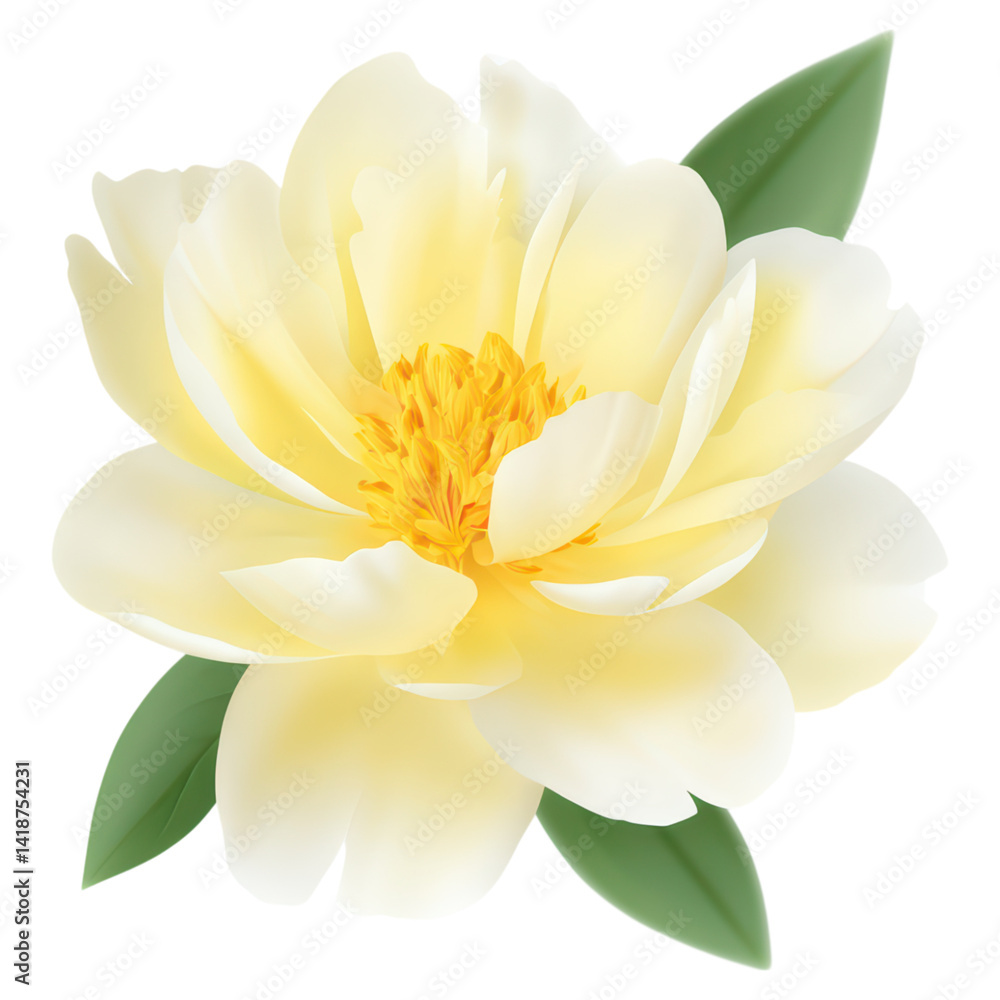 Fototapeta premium Elegant Pale Yellow Flower with Green Leaves on a White Background, isolated on transparent background.