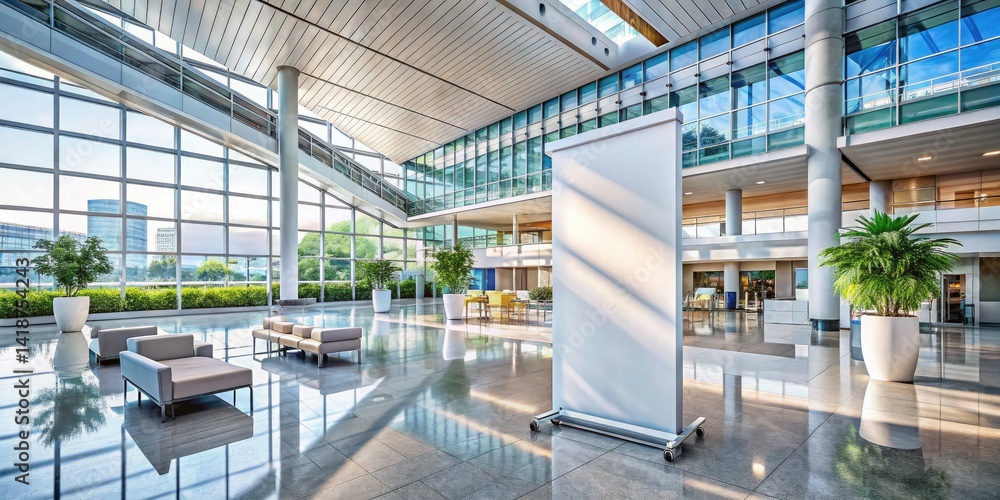 Obraz premium Roll Up Banner Mockup: Hospital & Airport Lobby Advertising Design, High-Resolution Aerial Photography