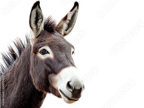 Close-up Portrait of a Dark Brown Donkey Against a Black Background, Showing Detail of Fur, Ears, and Expressive Eyes