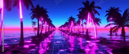 Anamorphic video of Palm trees along river, 80s retro synthwave style, looped 3d animation