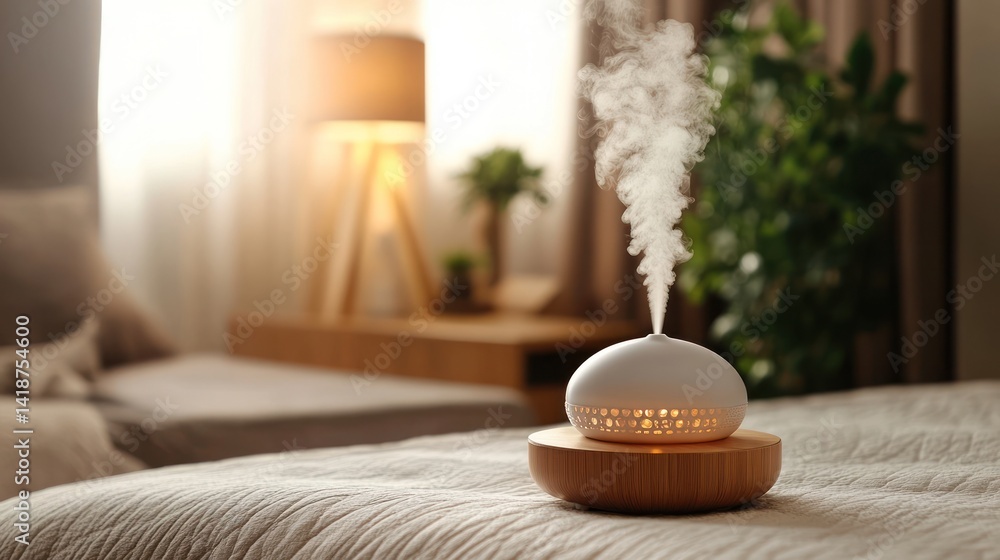 Serene Bedroom Ambiance: Aromatic Diffuser on Cozy Bed Serene Bedroom Ambiance: Aromatic Diffuser on Cozy Bed
