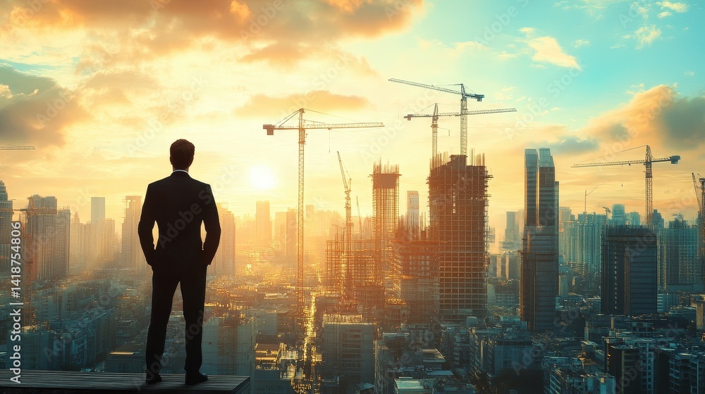 A businessman standing on a rooftop, looking at a city full of construction cranes and high-value properties. A businessman standing on a rooftop, looking at a city full of construction cranes and high-value properties.