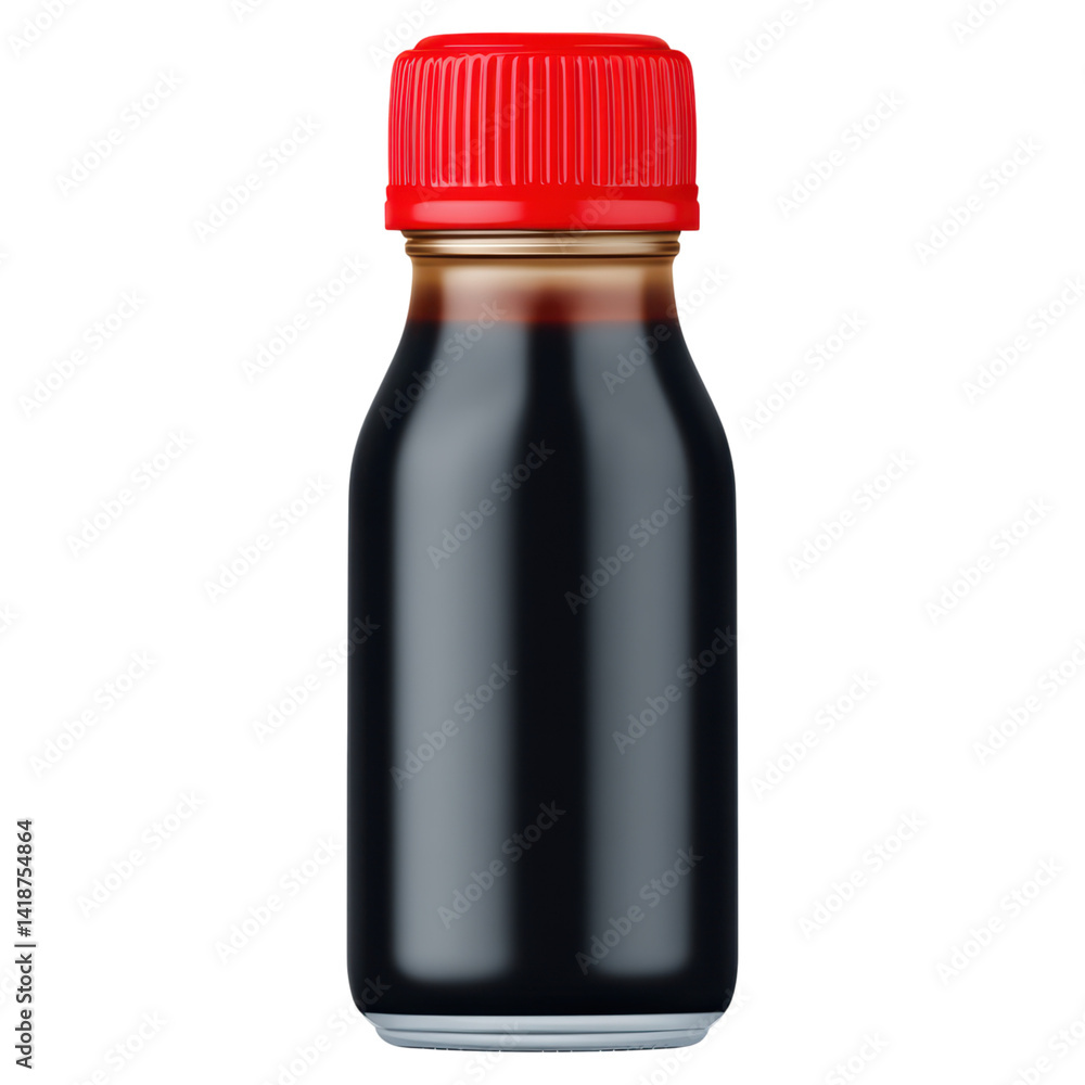 Small Bottle of Dark Liquid with Red Cap on White Background, isolated on transparent background. Small Bottle of Dark Liquid with Red Cap on White Background, isolated on transparent background.
