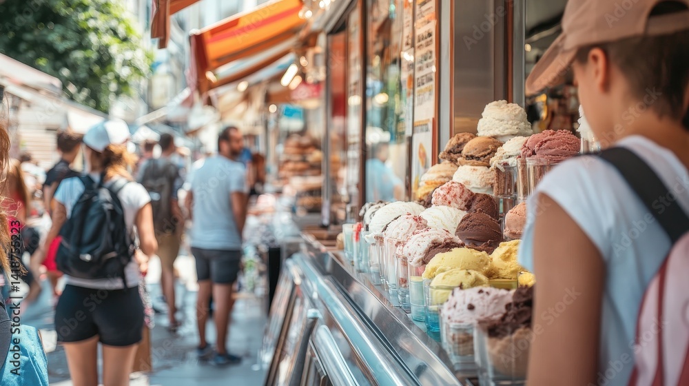 A busy ice cream shop during a summer festival, with people lining up to try different flavors. A busy ice cream shop during a summer festival, with people lining up to try different flavors.