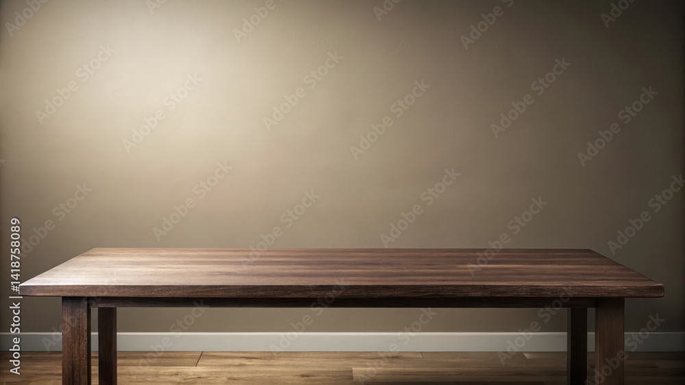 A minimalist empty dark wooden table with a subtle sheen on its surface, set against a neutral background to emphasize its simplicity and elegance, empty, wooden A minimalist empty dark wooden table with a subtle sheen on its surface, set against a neutral background to emphasize its simplicity and elegance, empty, wooden