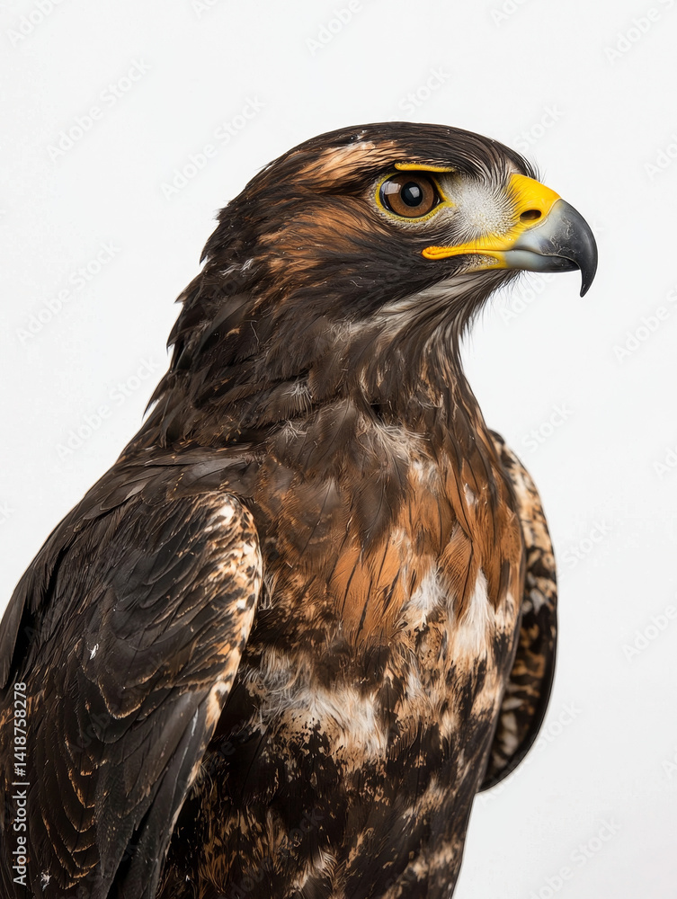 Obraz premium Majestic eagle, dark brown plumage, yellow beak, intense gaze