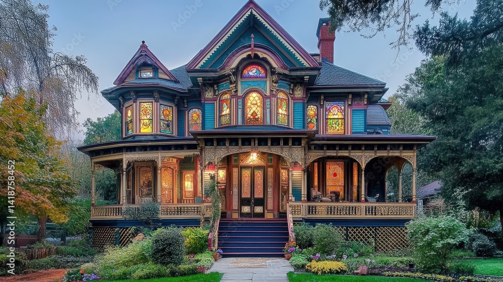 A charming Victorian-style mansion with ornate woodwork, wraparound porches, and colorful stained glass windows. A charming Victorian-style mansion with ornate woodwork, wraparound porches, and colorful stained glass windows.