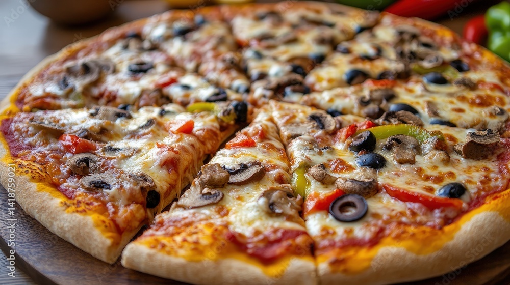 A cheesy pizza loaded with mushrooms, olives, and bell peppers, perfectly sliced and ready to eat. A cheesy pizza loaded with mushrooms, olives, and bell peppers, perfectly sliced and ready to eat.