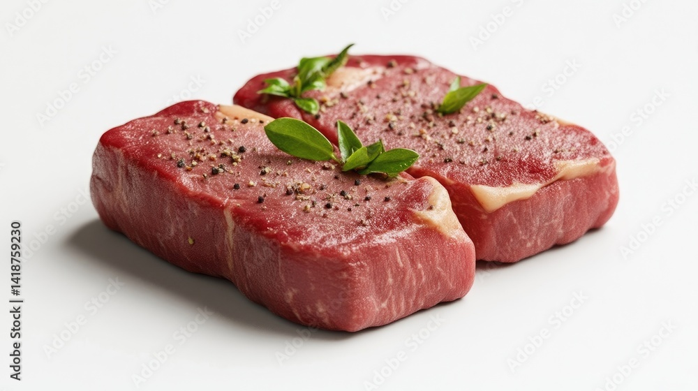 Raw Steak Basil Garnish Clean Minimalist High-Resolution Close-up View Pepper Seasoning Food Photography Bright Red Culinary Ideal for restaurant menus Raw Steak Basil Garnish Clean Minimalist High-Resolution Close-up View Pepper Seasoning Food Photography Bright Red Culinary Ideal for restaurant menus