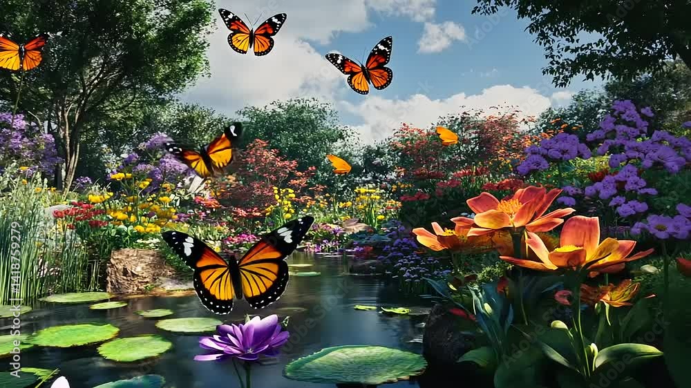 Vibrant garden scene with colorful flowers and butterflies fluttering over a serene pond Vibrant garden scene with colorful flowers and butterflies fluttering over a serene pond