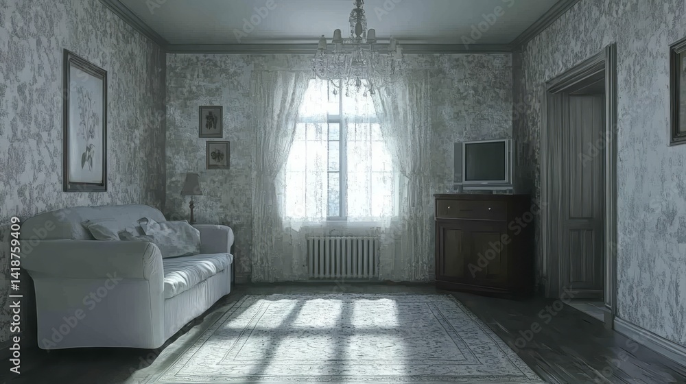Fototapeta premium Dimly lit living room featuring a white sofa and television