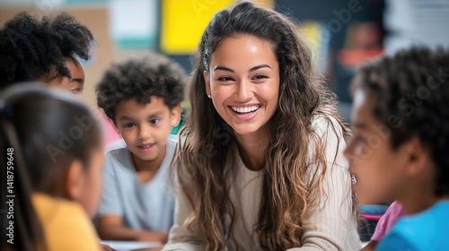 A kind female teacher interacting with elementary school students, making learning fun