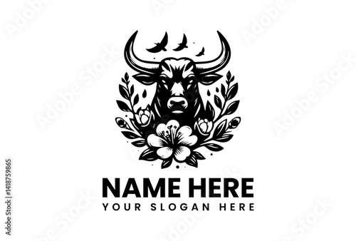Strong Bull Emblem: A formidable bull, crowned by a majestic floral and bird motif, symbolizes strength and resilience, ideal for representing nature.