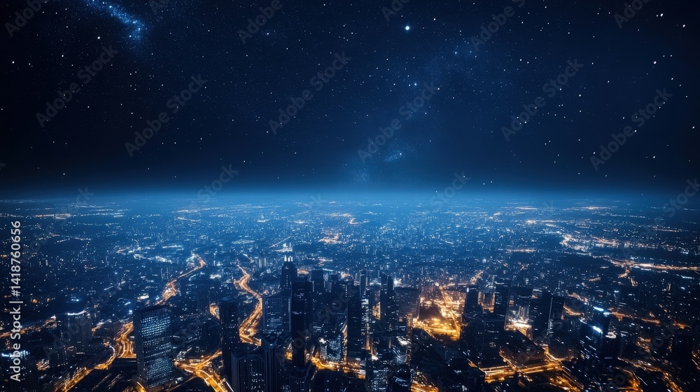 Naklejka premium A city skyline at night, with lights twinkling like stars from Earth surface.